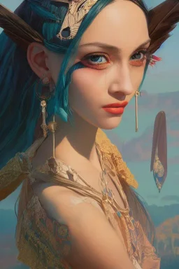 Detailed portrait of a young gypsy woman, contrasting colors, arrow makeup on her eyes, unreal engine, greg rutkowski, loish, rhads, beeple, makoto shinkai and lois van baarle, ilya kuvshinov, rossdraws, tom bagshaw, alphonse mucha, global illumination, detailed and intricate environment