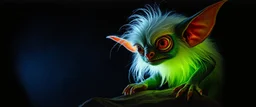 pen outline with some neon airbrush, glowing quickling gollum gremlin in the shadows with long fluffy white fur, pin hole camera, in the style of Rembrandt