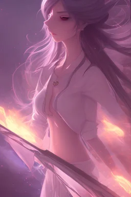 A beautiful anime girl with soft purple and white hair locks blowing in the wind and a Background world of fire and ice