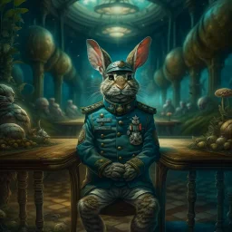 portrait of macho army officer on a bar chair inside mushroom grove with huge fluffy space chinchilla, 4 k, down-light, soft light, depth of field, photo realism, trending on art station, high detail, spray paint