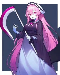 Tall and strong girl, has a big axe, she's hot but always looks nice!, she has pink eyes, very dark and long pink hair, her hair covers a little of her eyes, She wears cool clothes with dark pink and black colors, she has sharp teeth like a shark, she has a pinkish skin tone but nothing out of the ordinary.