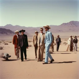 Archival color photograph of aliens landing at Area 51 and meeting James Dean in jaunty desert garb