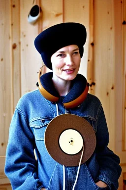 Photograph. Natural woman without make-up. Old-fashioned things like CD's integrated to mask! Wool visor, old big headphones, golden ring & disc. Possible materials are denim, leather, wool, plate metal, feather. Haute Couture 1990's. Karelian tiny farm venue. Tubes, nets, other structures, Recycled plastic. Sheep, chicken, turkeys. Natural Light. Possible colors: Cream white, Bronze, silver, army green, plum camouflage denim, terracotta, brown and black. Thick tights. Thick calves. Curved fell