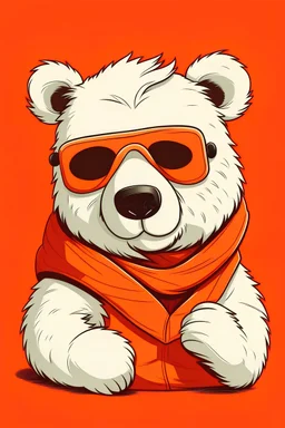 애니메이션에 나오는 귀엽고 선글라스를 낀 하얀색 털을 가진 곰. 주황색 단색 배경에, 빨간색 복싱 글러브를 착용하고 있다.