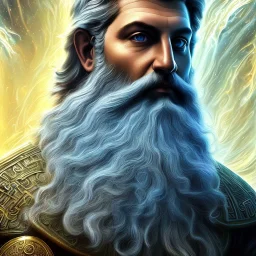 photo realistic, symetrical, centered, ultra detailed, digital art, in center is a portrait of highly detailed greek colossus god zeus surrounded by quantum galaxy codes seeking knowledge, gray hair and beard, detailed face with human skin color, eyes filled with galaxy, dominating colors = gray light blue and dark gold, lightning, smoke,