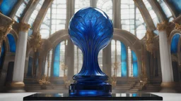 High-end, Die Partei blue glass sculpture, 4th dimensional space, awesome cinematic-quality photography, Art Nouveau-visuals, Vintage style with Octane Render 3D technology, hyperrealism photography, (UHD) with high-quality cinematic character render, Insanely detailed close-ups capturing beautiful complexity, hyperdetailed, intricate, 8k