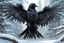 Symbiote Cyber crow in 8k anime realistic drawing style, black wings, close picture, snow, apocalypse, intricate details, highly detailed, high details, detailed portrait, masterpiece,ultra detailed, ultra quality