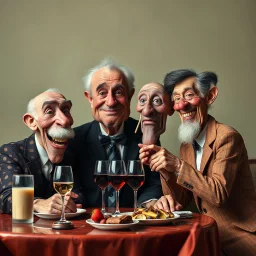 The oddest coagulation and mixture of friends, glossy finish, dine, details very accentuated, stunning style, oniric, Yves Tanguy, George Grosz, hyperphotography, hilarious, blatant, gross, caricature, very funny, Hasselblad h6d400c