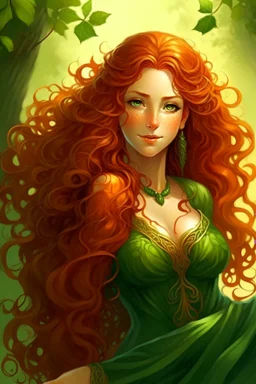 portrait of a goddess with long reddish curly hair, curvy body, earthbound, warm-hearted, green