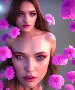 Realistic detailed perfect face portrait of a insane young beautiful woman top model in short open dress. Sensual, volumetric lighting, Unreal Engine 5, 3D Animation Quality, Octane Rendering. A masterpiece. There are water, flowers, vivid colors.