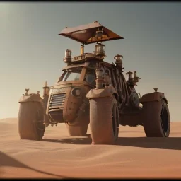 3d rendering. Steampunk futuristic yellow monster machine. Buried in desert sand. Lost in Time, dramatic lighting, hyper realistic, cinematic lighting