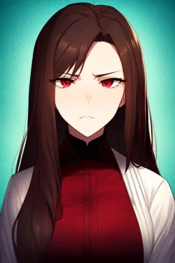 A mesmerizing portrait of a woman with cascading long brown hair that frames her alluring face, which is the central focus amidst the stark and sterile military containment cell that serves as her backdrop. Her striking red eyes hint at an unearthly beauty and a sense of danger that is as captivating as it is intimidating. The contrast of her soft, almost ethereal features against the harsh, institutional surroundings creates a compelling juxtaposition. Her porcelain skin appears to glow under t
