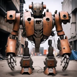 trash mech suit, human-sized, made of scrap metal, cockpit in chest cavity, light rust, round, loose wires, escape hatch