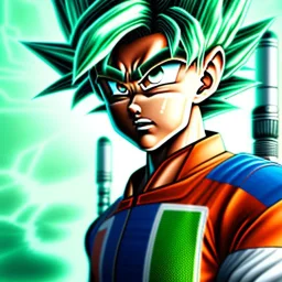 Son-goku with white hair in a green field, cyberpunk close-up, cartoon style