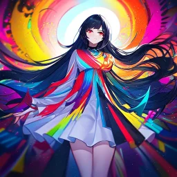 Clear focus, high resolution, black long fluffy hair, red eyes, wearing a colorful outfit with a white short skirt, doing a evil smile, Style Vtuber, Colorful