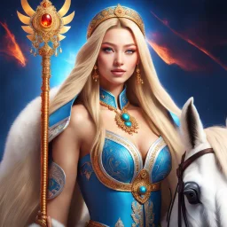 (masterpiece, best quality, 8k, RAW photo, beautiful and aesthetic:1.2), complex detail, Indirect light, photorealistic, (((full body))), 2 Gorgeous Cosmic russian asian goddess smiling, long curved blonde hair, blue eyes, Mixed, sci-fi and traditional russian outfit with white furs and chapka, on a horse of fire companion, a colorfull Sci-Fi environment