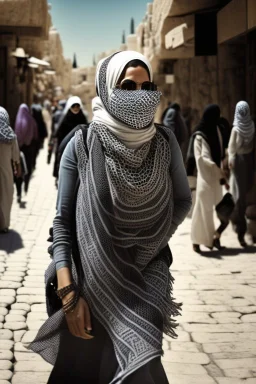 A woman wearing a keffiyeh walks in Jerusalem