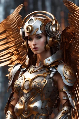 Photo Full body beautiful girl Angel cyborg straddle wings, using traditional armor,detailed, intricate,gears cogs cables wires circuits, gold silver chrome copper,abstract background