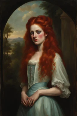 Portrait of a young nurse with long red hair, heavy makeup with a sneering expression