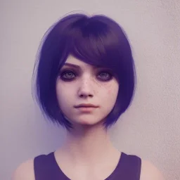 potrait emo girl, eyes like ocean blue, short hair, smile, 8k, rtx, eyebrows like serious, facing left, real