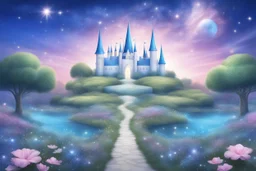 fairy and cosmic landscape with blue grass, magic plants, sky with light and stars. fairy white castle with diamond