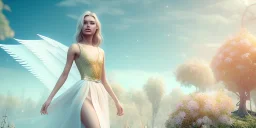 subtle queen, atmospheric, realistic, unreal engine, cinematic lighting, octane render, transparent long dress, blonde, full body, bright wings, smile, long hair