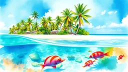 A vibrant watercolor painting depicting the crystal clear waters and palm tree-lined beaches of Aruba, with a focus on the colorful marine life below the surface.