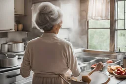 back view of older woman cooking