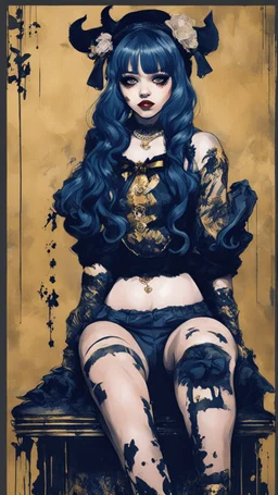 Poster in two gradually, a one side malevolent goth vampire girl face and other side the Singer Melanie Martinez face, full body, sit pose, painting by Yoji Shinkawa, darkblue and gold tones,