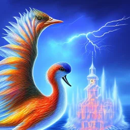 close up of colorful water bird in front of exploding ice castle, ski tracks and blue storm clouds and burning lightening