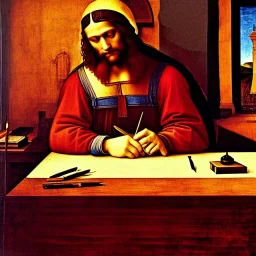 leonardo da vinci works on laptop at his desk. painting in photoshop. hyperdetailed, warm colors, movie poster, oil on canvas,