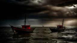 Two decrepit, weather-worn fishing boats peacefully rest on a calm ocean, with a faint red sail or a rusty red buoy adding a pop of color. Dark clouds gather, and black clouds rain in the distance. A cloud of seagulls flies overhead, as the looming silhouettes of aging stilts houses emerge from the thick, misty backdrop.