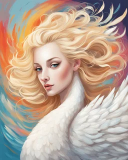 Captivating, whimsical illustration of a swan, with light golden blonde hairstyle. Elongated neck, rounded and exaggerated head adorned with wild and untamed locks that seem to dance in the breeze. Her bright eyes emit mischievous shine, her expressive face captivates with its fascinating beauty. Standing, the swan shows off its vibrant colors and playful behavior. The abstract, vivid background of shapes and colors adds depth and dimension.