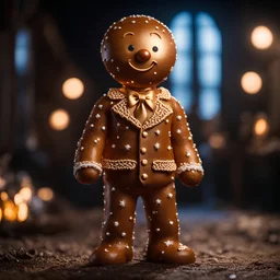 32k uhd, anthropomorphic ginger bread man, by james cameron, photoreal, full length, 85mm, F1.4, Cinestill 800T, 8k, high quality, photo realistic, shallow depth of field, photorealistic masterpiece, cinematic lighting, lovely bokeh, blessed by satan, horror movie, horrorpunk,