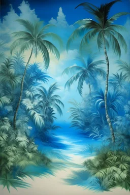 A blue tropical paradise with dancing palm trees painted by Michelangelo di Lodovico Buonarroti Simoni