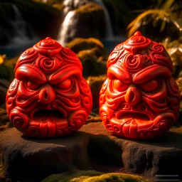 Red lava lakes with angry masks designed in Maori sculpture