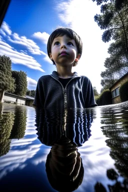 Reflection of boy in a puddle of water, low angle shot