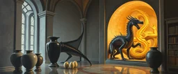 master oil painting by Escher and Giger, glaring vases and black humanoid reflective female dragon and hidden golden dragon inside marble hall library, cryptic eggs, sacred geometry