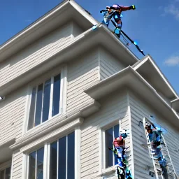 Workers standing on a ladder reaching up onto the edge of a house installing seamless gutters to the fascia