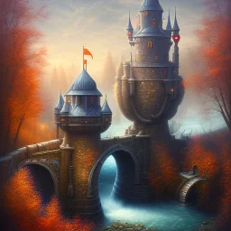 spray painted fantasy art, photorealism, book illustration,upper body of a realistic hooded high priestess, big sword in stone, winding tubes ,white castles by a dam ,autumn water, evening