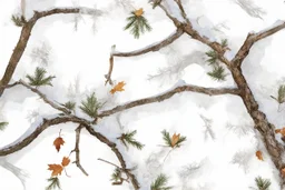 detailed Real Tree Camouflage made of bare branches, fir branches, dried maple leaves, snow and dirt, light drop shadows, white background, seamless repeatable texture camo pattern, muted color
