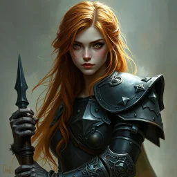 a beautiful fantasy woman, young, ginger hair, troubled, armour, dark fantasy art