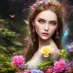 bright fairy, beautiful portrait, flowery landscape