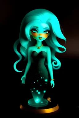 A beautiful girl with glowing starry eyes. And with turquoise hair decorated. And full body. Holds 10 glowing glass beads with a moon inside