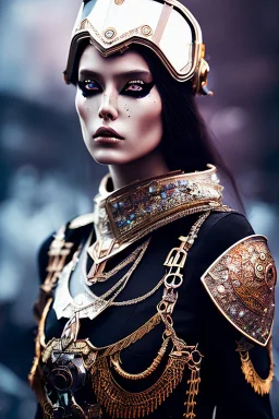 cosmic apocalypse battle princess with haunting eyes, model, grim, street-photography, photograph, photographic, 8k, fujifilm, high-fashion, abstract-armor