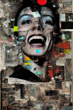 Ultra detailed medium portrait painting of laughing devil's, dark room with little light coming from an open door behind, torn up collage of clippings, broken circuitry background, matrix effects, punk visual art, punk art aesthetic, graffiti art, pop surrealism, collage art, cluttered paint glitches