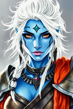 create a mature female air genasi from dungeons and dragons, blue skin, white hair, undercut, piercing gold eyes, wind like hair, wearing plate armor, tribal markings on her cheeks, watercolor, pen and ink, strong lighting