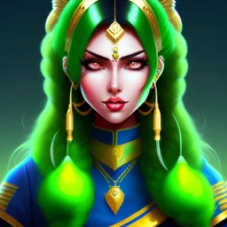 personnage de fantaisie, féminin, indienne, peau sombre, mèche verte de cheveux