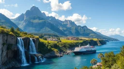 a picturesque natural landscape that includes majestic mountains and a serene countryside. Additionally, incorporate details about a stunning, large waterfall that enhances the beauty of the scene. The output should be structured as a narrative, painting a clear image with rich, descriptive language that evokes the sights and sounds of this beautiful environment water fall falls to a big sea with modern shipe in it.16 by 9