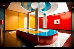 a double Bauhaus balancing in a Bauhaus room; UHD photo, photo-realism, (((great verticals))), (((great parallels))), warm colors of white, red, and sky blue